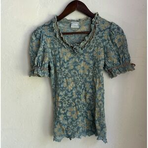 Vintage Y2K Simply Detailed Sheer Lace Top M Cottagecore Fairy Gold Blue Puff